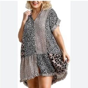 UMGEE USA Women's Tier Oversized Leopard Patchwork Shirt‎ Dress Semi Sheer S